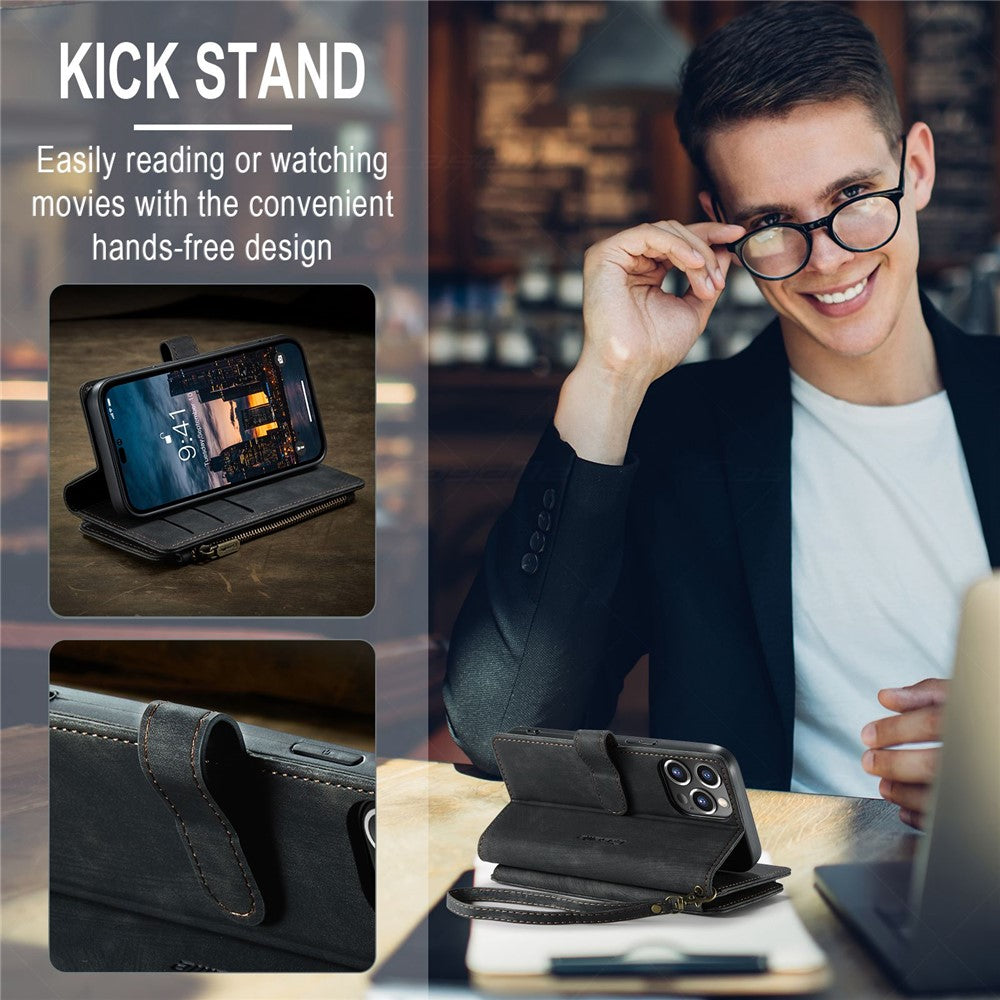 For iPhone 14 Pro Max Phone Cases with Strap CASEME C30 Zipper Multiple Card Holder PU Leather Cover