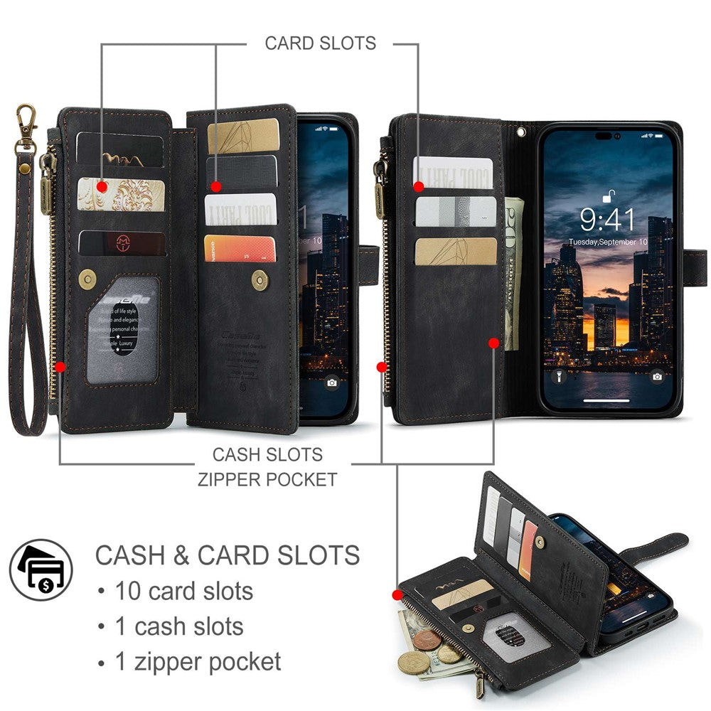 For iPhone 14 Pro Max Phone Cases with Strap CASEME C30 Zipper Multiple Card Holder PU Leather Cover