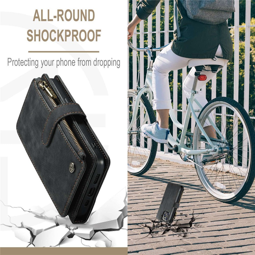 For iPhone 14 Pro Max Phone Cases with Strap CASEME C30 Zipper Multiple Card Holder PU Leather Cover