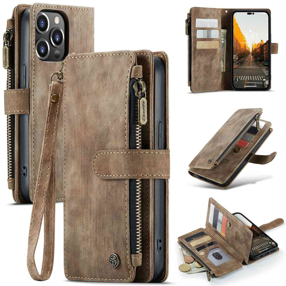 For iPhone 14 Pro Max Phone Cases with Strap CASEME C30 Zipper Multiple Card Holder PU Leather Cover