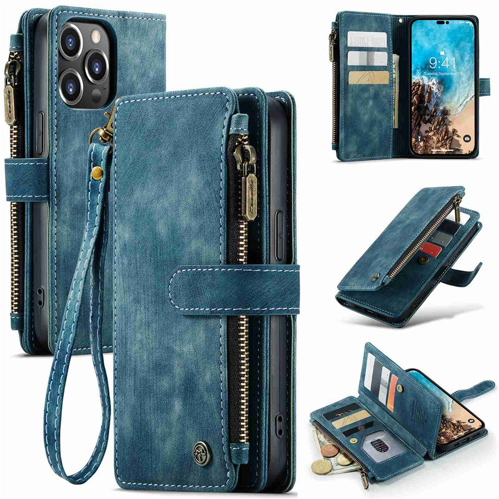For iPhone 14 Pro Max Phone Cases with Strap CASEME C30 Zipper Multiple Card Holder PU Leather Cover