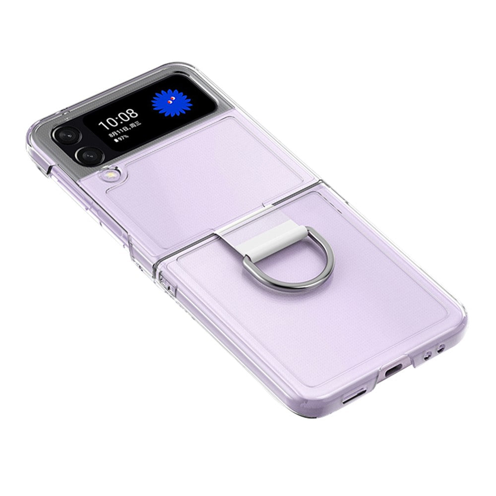 Til Samsung Galaxy Z Flip4 5G Transparent Metal Ringholder Design Hard PC+PVC Telefonetui Cover Foldbar Skal