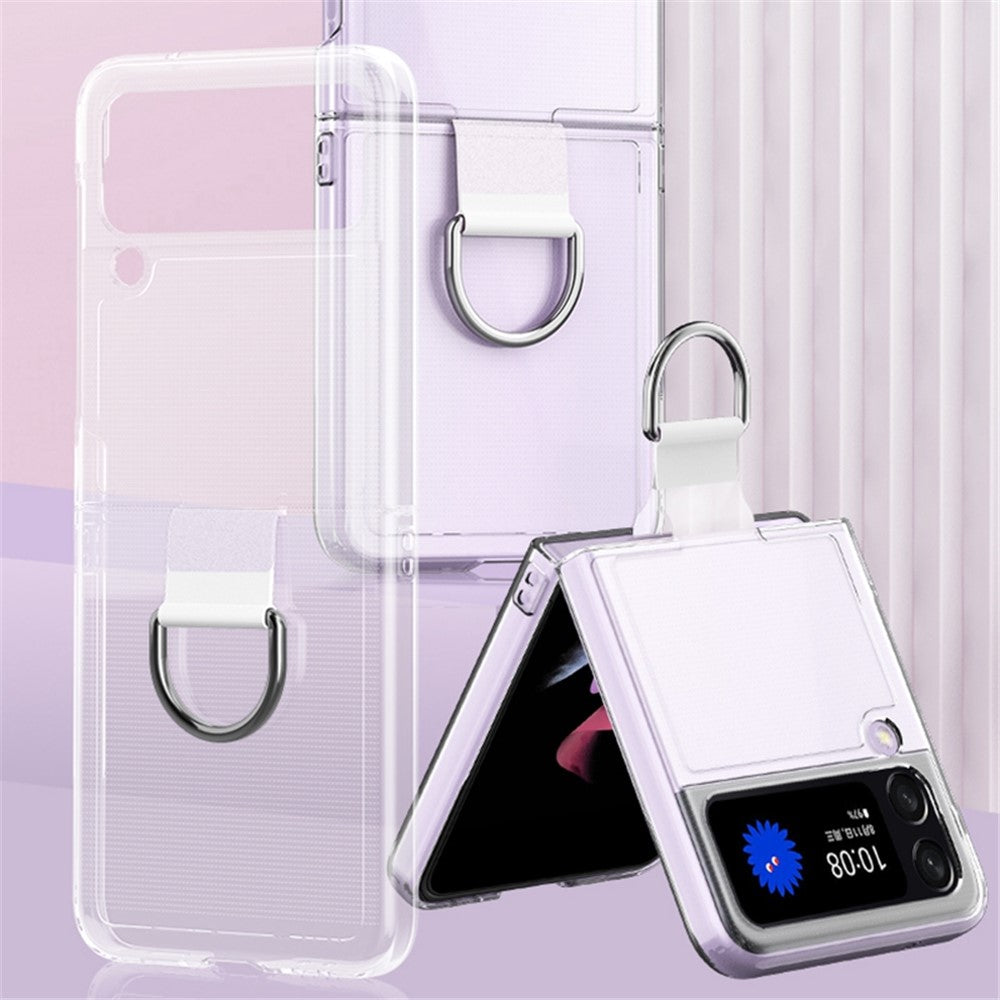 Til Samsung Galaxy Z Flip4 5G Transparent Metal Ringholder Design Hard PC+PVC Telefonetui Cover Foldbar Skal