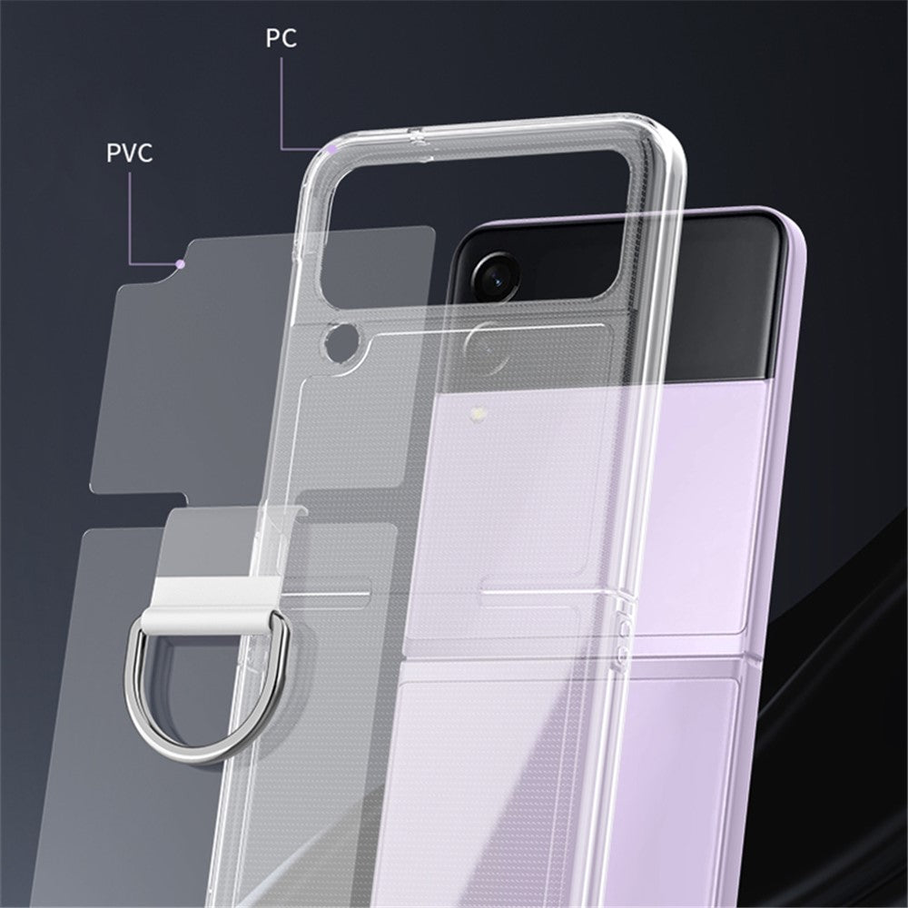 Til Samsung Galaxy Z Flip4 5G Transparent Metal Ringholder Design Hard PC+PVC Telefonetui Cover Foldbar Skal