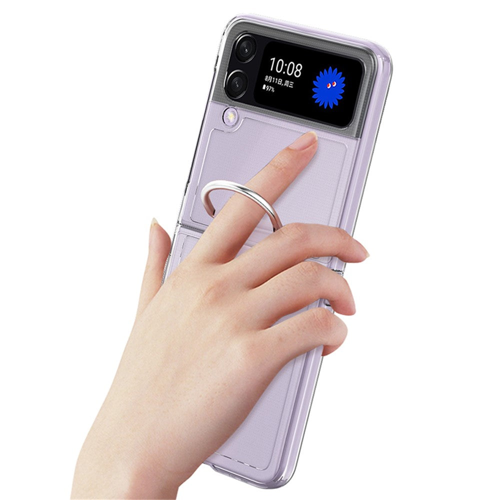 Til Samsung Galaxy Z Flip4 5G Transparent Metal Ringholder Design Hard PC+PVC Telefonetui Cover Foldbar Skal