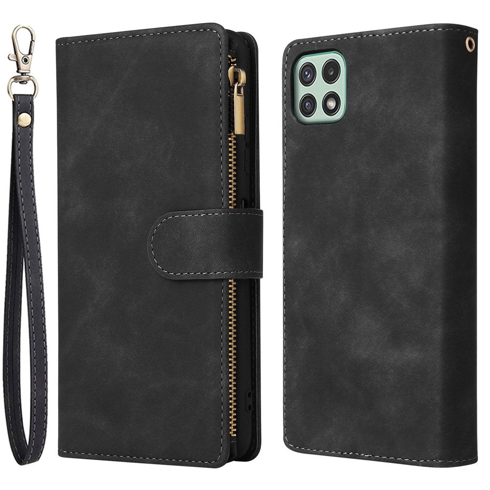 Til Samsung Galaxy A22 5G (EU Version) Multi Kreditkortpladser Læder Telefoncover Pung Stander Magnetisk Lås Cover med Lynlåslomme