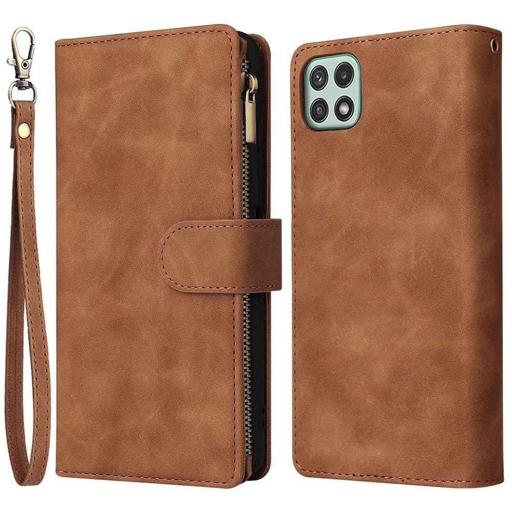 Til Samsung Galaxy A22 5G (EU Version) Multi Kreditkortpladser Læder Telefoncover Pung Stander Magnetisk Lås Cover med Lynlåslomme