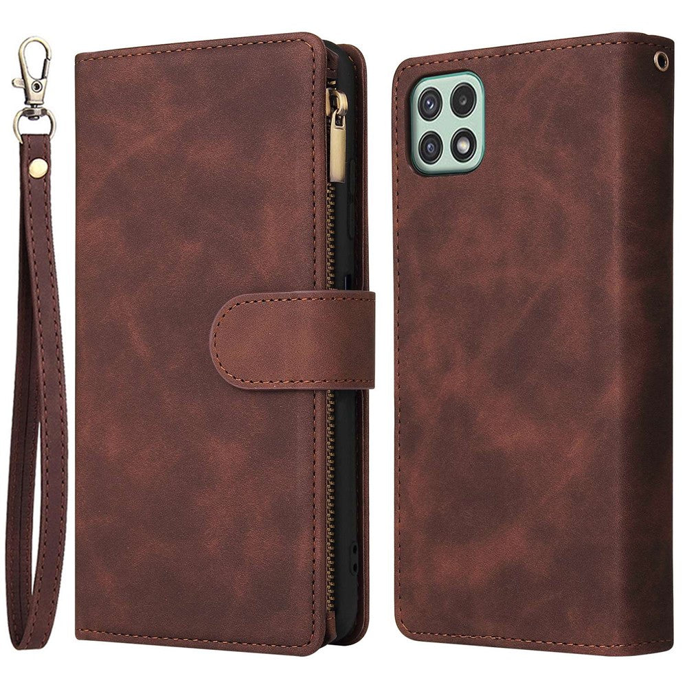 Til Samsung Galaxy A22 5G (EU Version) Multi Kreditkortpladser Læder Telefoncover Pung Stander Magnetisk Lås Cover med Lynlåslomme