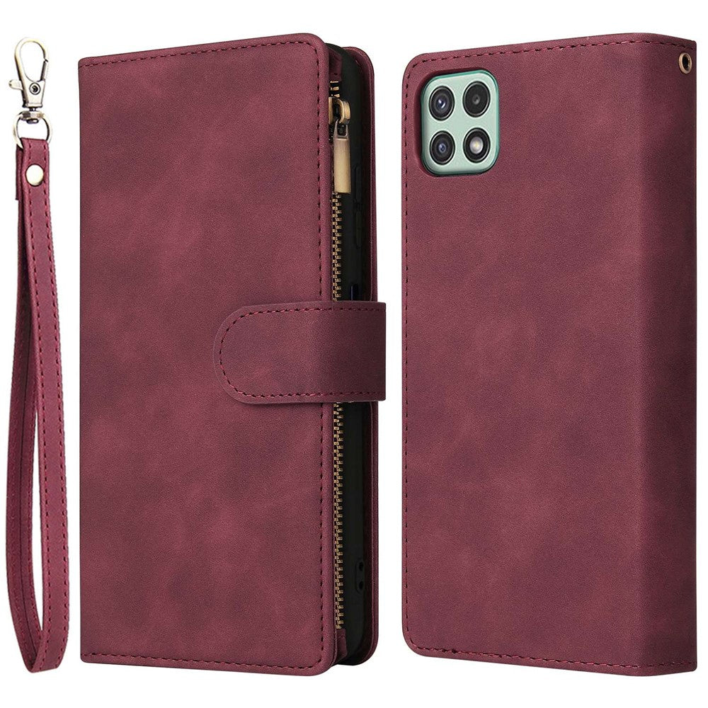 Til Samsung Galaxy A22 5G (EU Version) Multi Kreditkortpladser Læder Telefoncover Pung Stander Magnetisk Lås Cover med Lynlåslomme