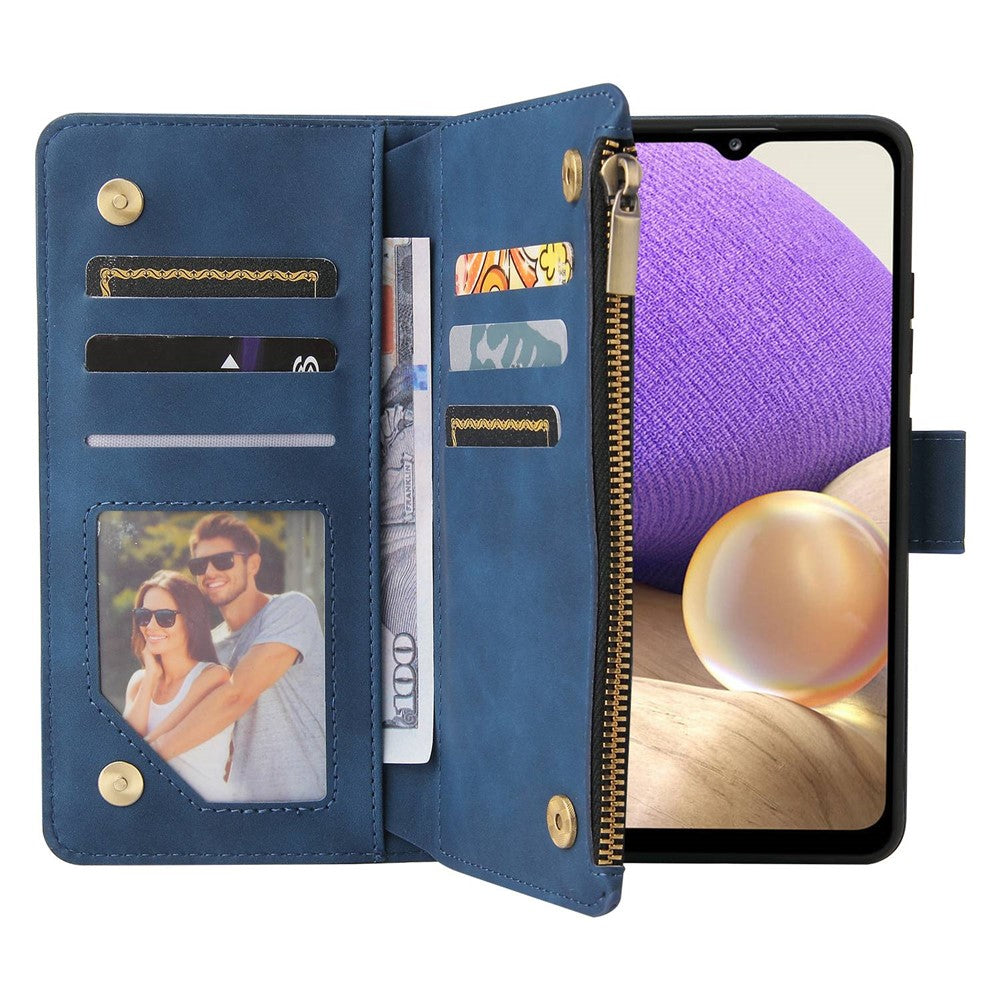 For Samsung Galaxy A32 4G (EU Version) Multiple Card Slots Zipper Pocket Leather Phone Case Stand Wallet Cover