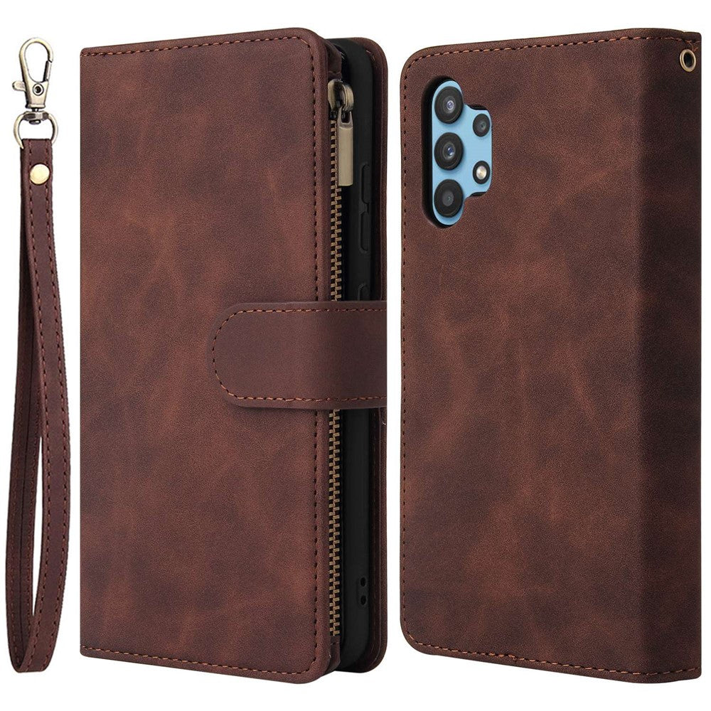 For Samsung Galaxy A32 4G (EU Version) Multiple Card Slots Zipper Pocket Leather Phone Case Stand Wallet Cover