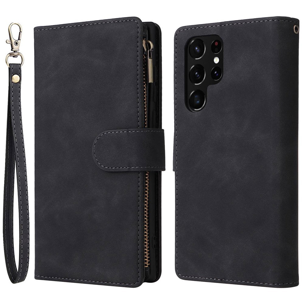 Samsung Galaxy S22 Ultra 5G-cover i PU-læder, stødabsorberende mobilcover, kortholder, pungcover med lynlås