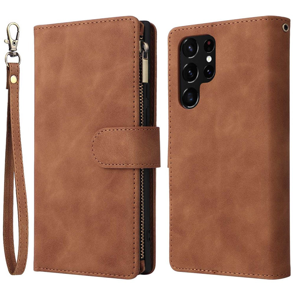 Samsung Galaxy S22 Ultra 5G-cover i PU-læder, stødabsorberende mobilcover, kortholder, pungcover med lynlås