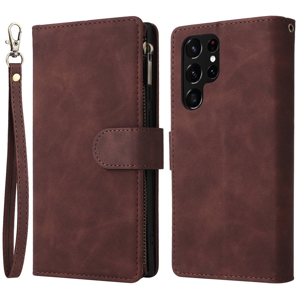 Samsung Galaxy S22 Ultra 5G-cover i PU-læder, stødabsorberende mobilcover, kortholder, pungcover med lynlås