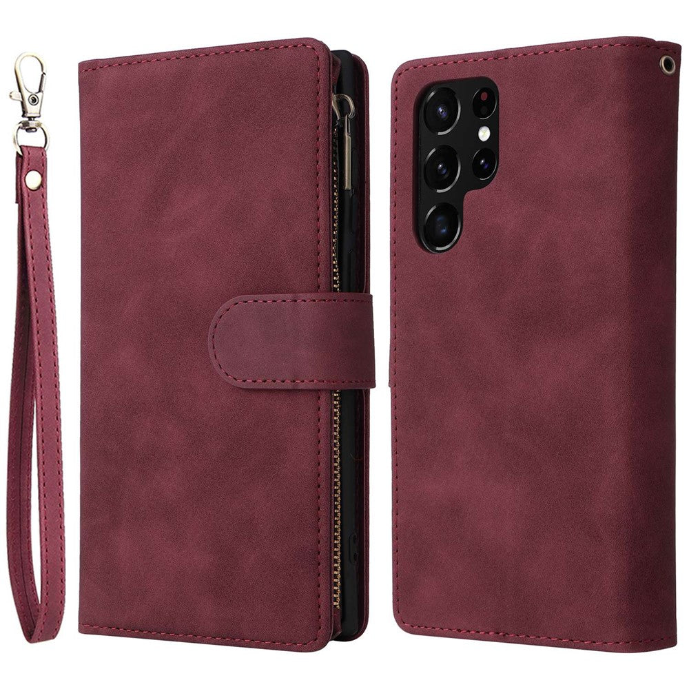 Samsung Galaxy S22 Ultra 5G-cover i PU-læder, stødabsorberende mobilcover, kortholder, pungcover med lynlås