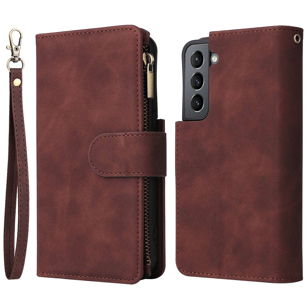 Multiple Card Slots Leather Case for Samsung Galaxy S22+ 5G, Anti-drop Wallet Stand Phone Cover with Zipper Pocket