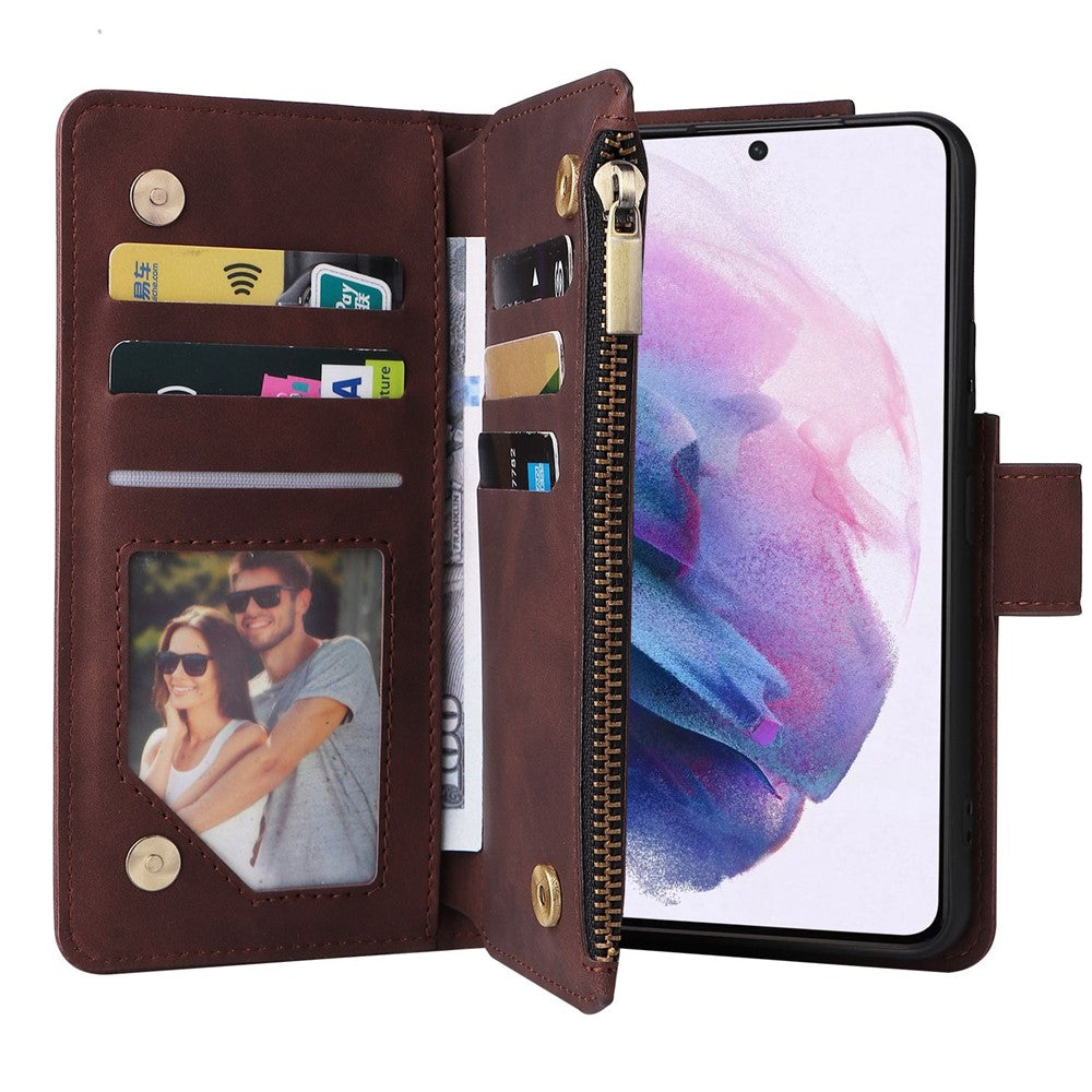 Multiple Card Slots Leather Case for Samsung Galaxy S22+ 5G, Anti-drop Wallet Stand Phone Cover with Zipper Pocket