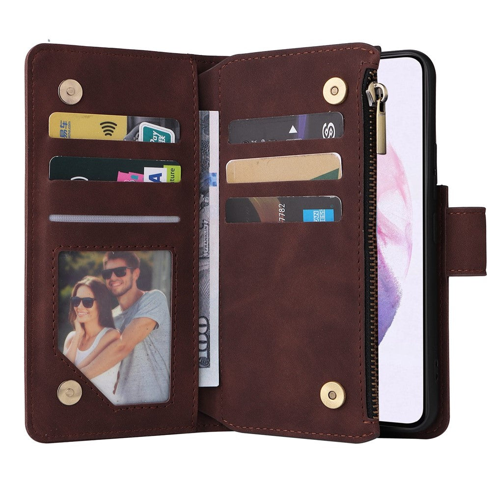 Multiple Card Slots Leather Case for Samsung Galaxy S22+ 5G, Anti-drop Wallet Stand Phone Cover with Zipper Pocket