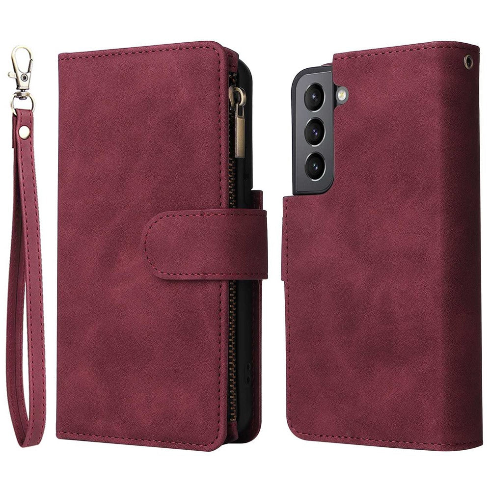 Multiple Card Slots Leather Case for Samsung Galaxy S22+ 5G, Anti-drop Wallet Stand Phone Cover with Zipper Pocket