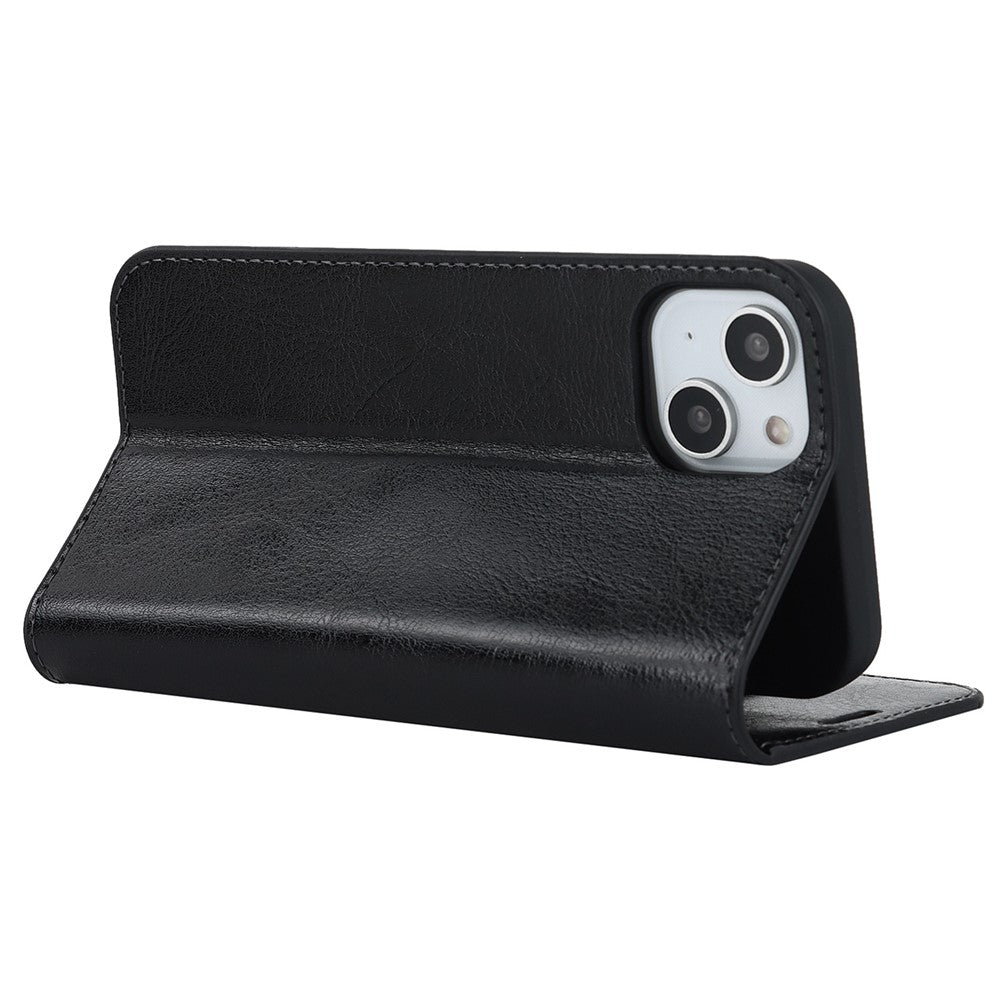 For iPhone 14 Plus Crazy Horse Texture Genuine Leather Wallet Case Stand Magnetic Auto-absorbed Folio Cover