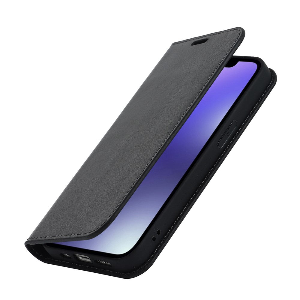 For iPhone 14 Plus Crazy Horse Texture Genuine Leather Wallet Case Stand Magnetic Auto-absorbed Folio Cover