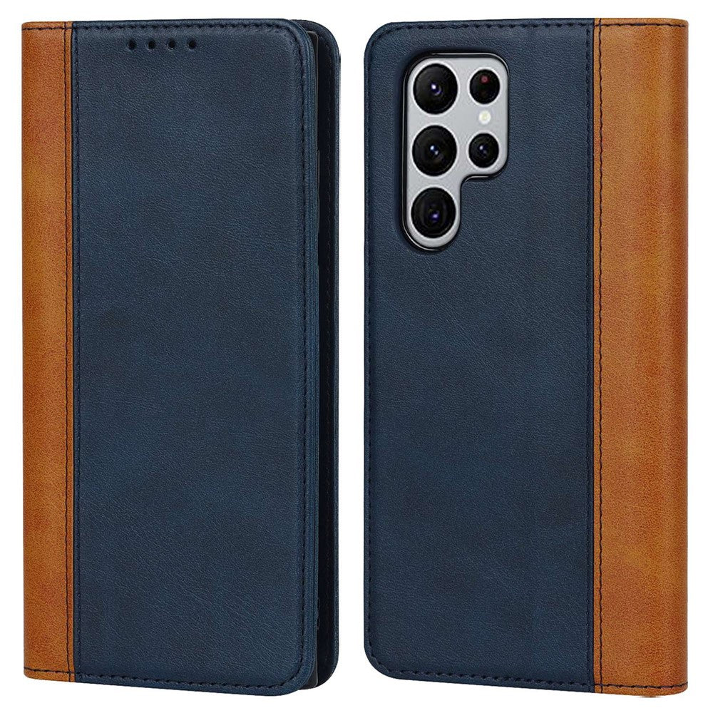 For Samsung Galaxy S22 Ultra 5G Bi-color Splicing Wallet Phone Case PU Leather Holder Folio Flip Stand Magnetic Absorption Cover