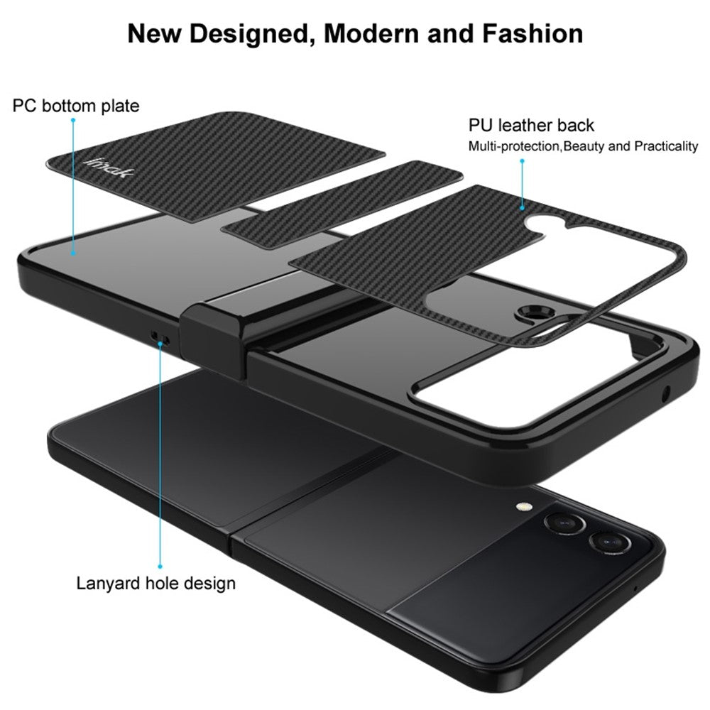 IMAK Ruiyi-serien til Samsung Galaxy Z Flip4 5G cover i PC-materiale beklædt med læder i kulfiberstruktur – et beskyttende cover, der tåler fald