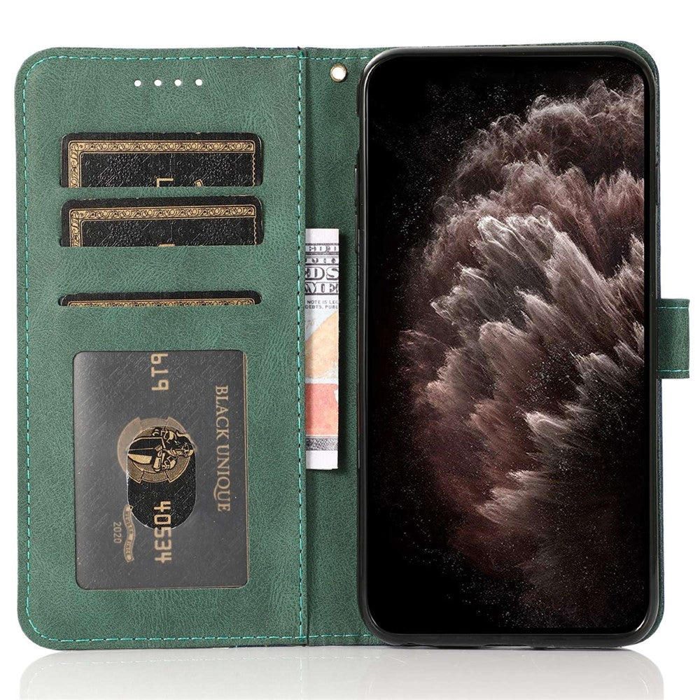 For iPhone 14 6.1 inch Dual-color Splicing PU Leather Wallet Stand Folio Flip Case Cover with Wrist Strap