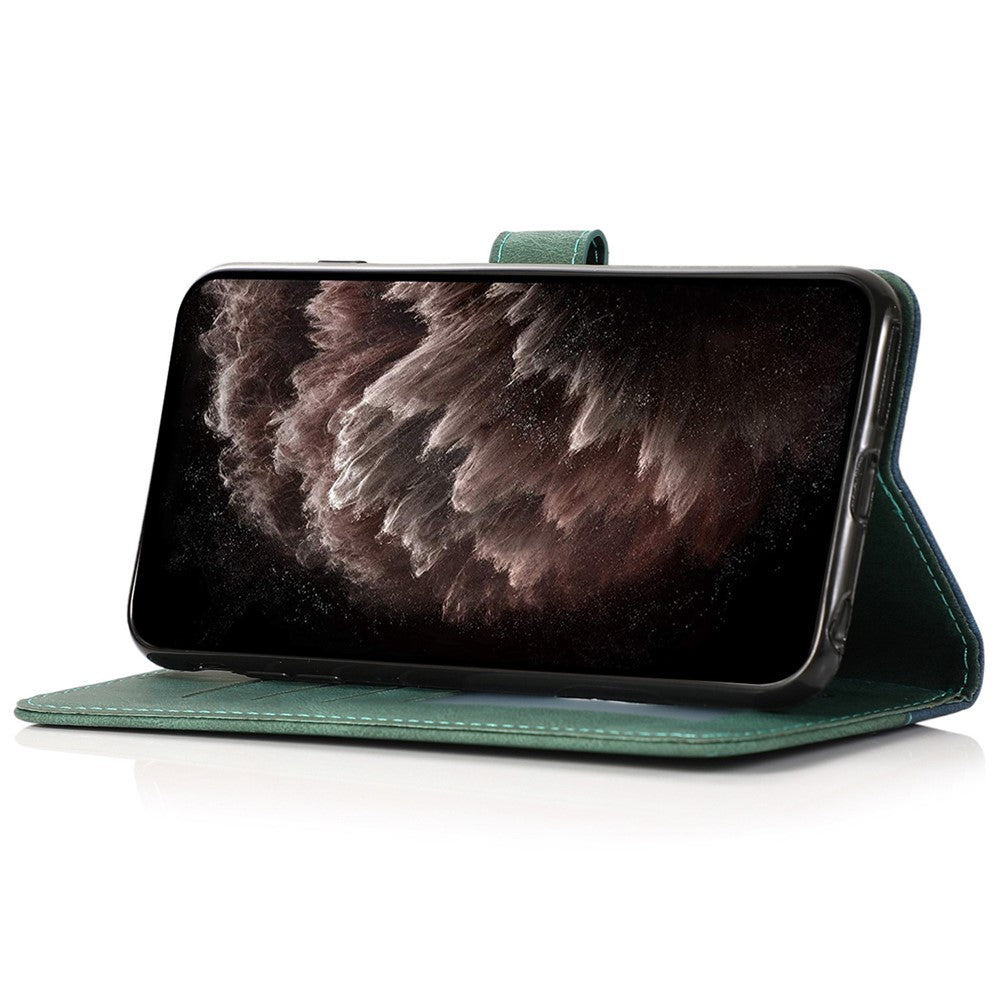 For iPhone 14 6.1 inch Dual-color Splicing PU Leather Wallet Stand Folio Flip Case Cover with Wrist Strap