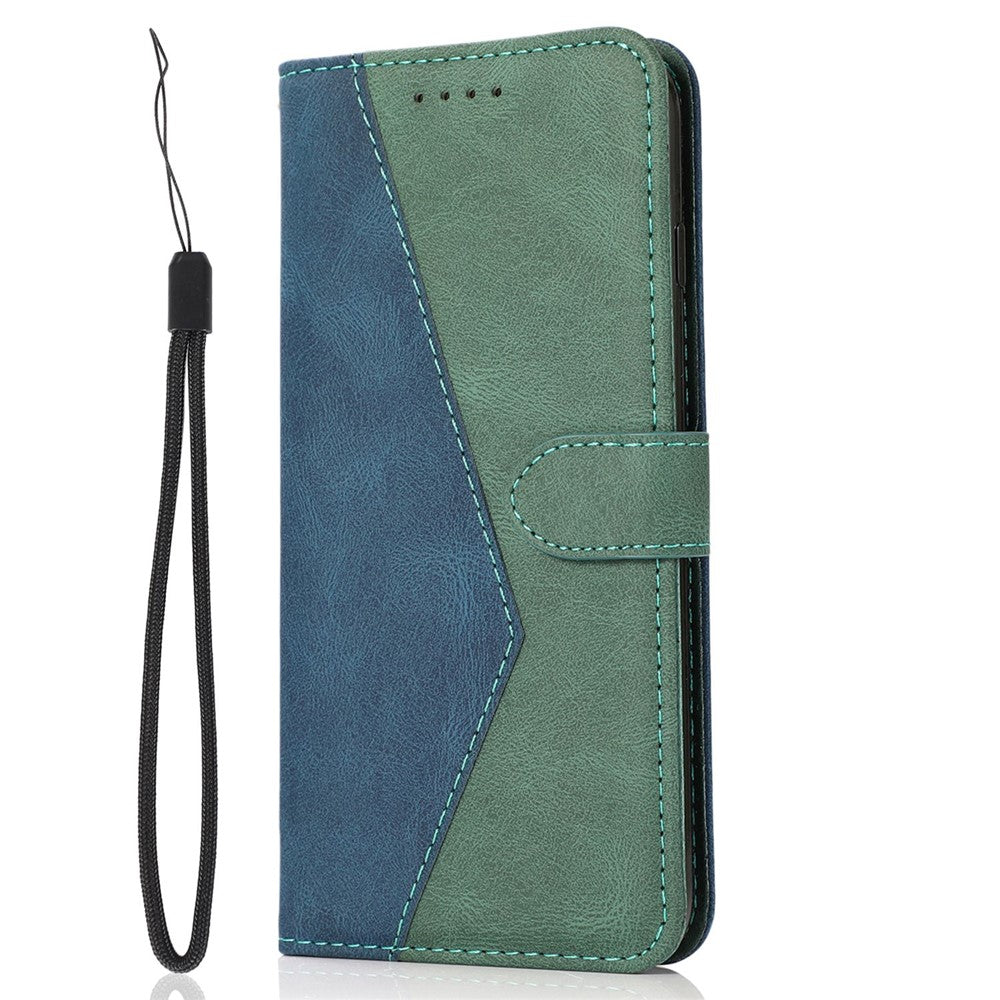 For iPhone 14 6.1 inch Dual-color Splicing PU Leather Wallet Stand Folio Flip Case Cover with Wrist Strap