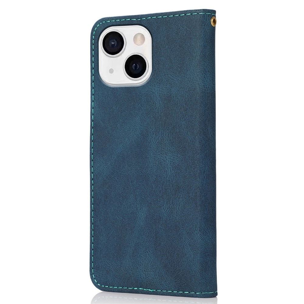 For iPhone 14 6.1 inch Dual-color Splicing PU Leather Wallet Stand Folio Flip Case Cover with Wrist Strap