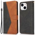 For iPhone 14 6.1 inch Dual-color Splicing PU Leather Wallet Stand Folio Flip Case Cover with Wrist Strap