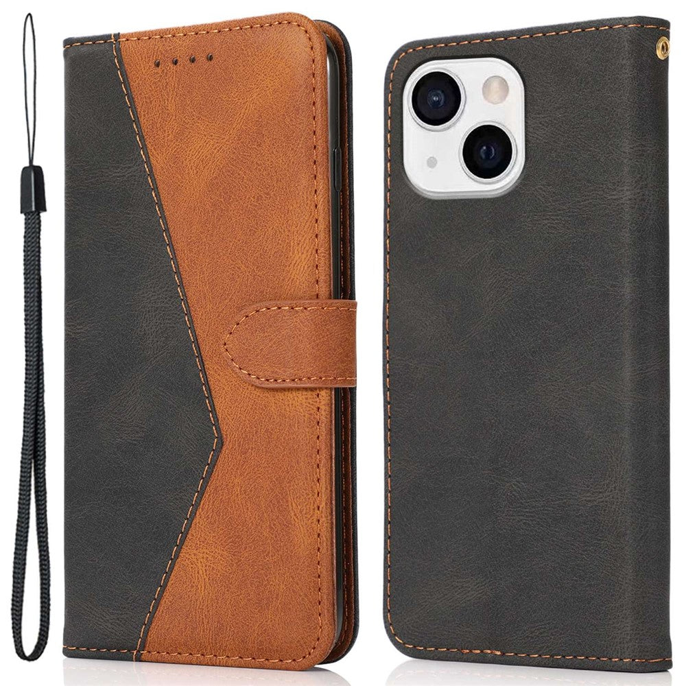 For iPhone 14 6.1 inch Dual-color Splicing PU Leather Wallet Stand Folio Flip Case Cover with Wrist Strap