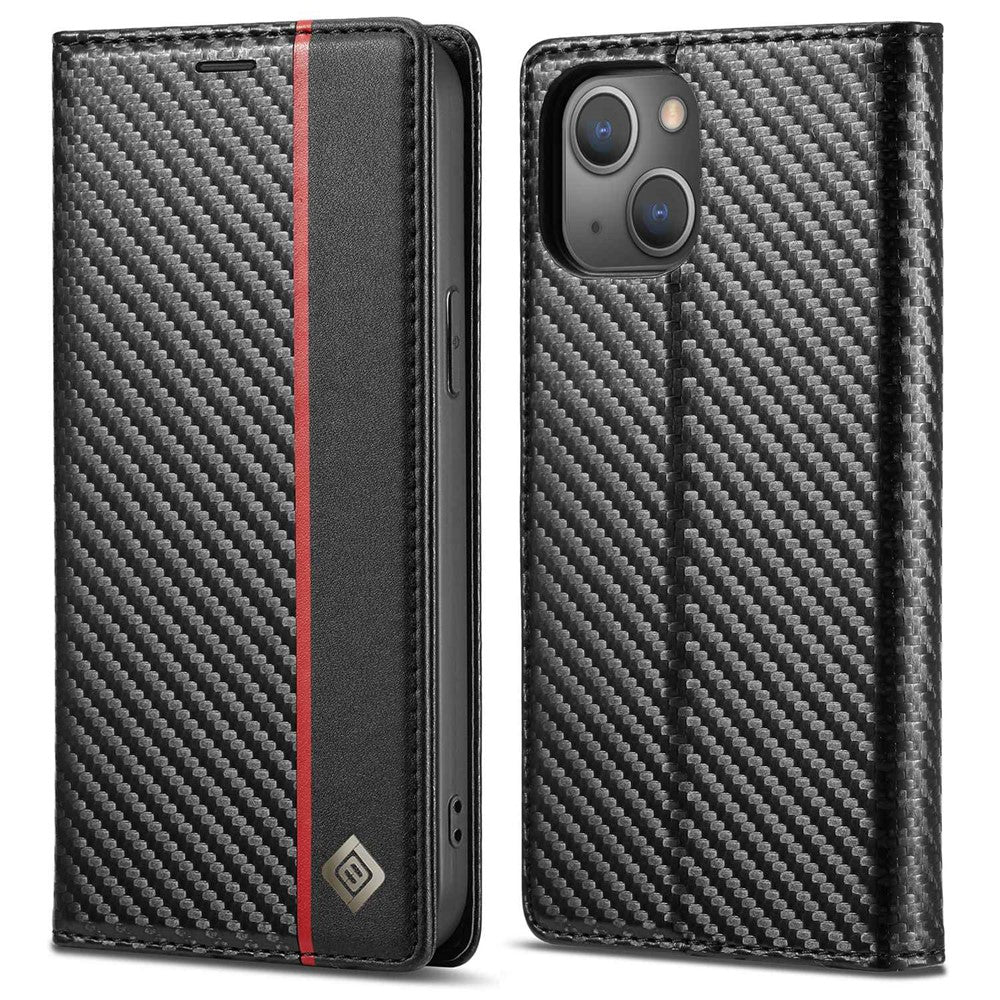 LC.IMEEKE til iPhone 14 Plus Carbon Fiber-tekstur Pung Stander Design PU Læder Magnetisk Automatisk Lukning Telefoncover