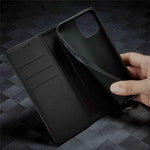 LC.IMEEKE for iPhone 14 Plus Carbon Fiber Texture Wallet Stand Design PU Leather Magnetic Auto Closing Phone Case Cover
