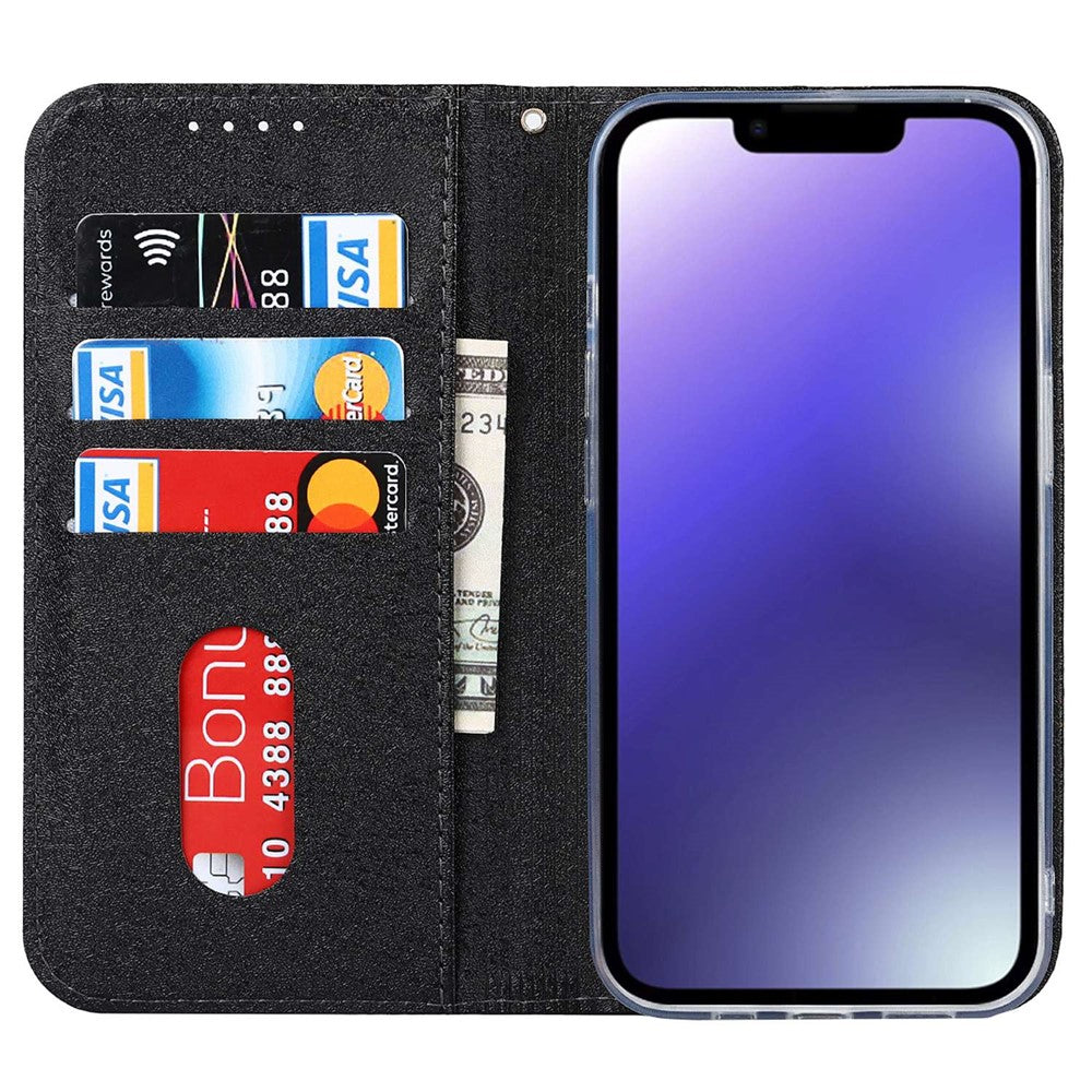 iPhone 14 Plus PU-läder, sidentextur, fallskyddande plånboksfodral, stativ, heltäckande skydd med handledsrem