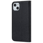 For iPhone 14 Plus PU Leather Silk Texture Anti-drop Wallet Phone Case Stand All-around Protection Cover with Wrist Strap