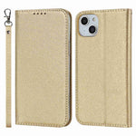 For iPhone 14 Plus PU Leather Silk Texture Anti-drop Wallet Phone Case Stand All-around Protection Cover with Wrist Strap