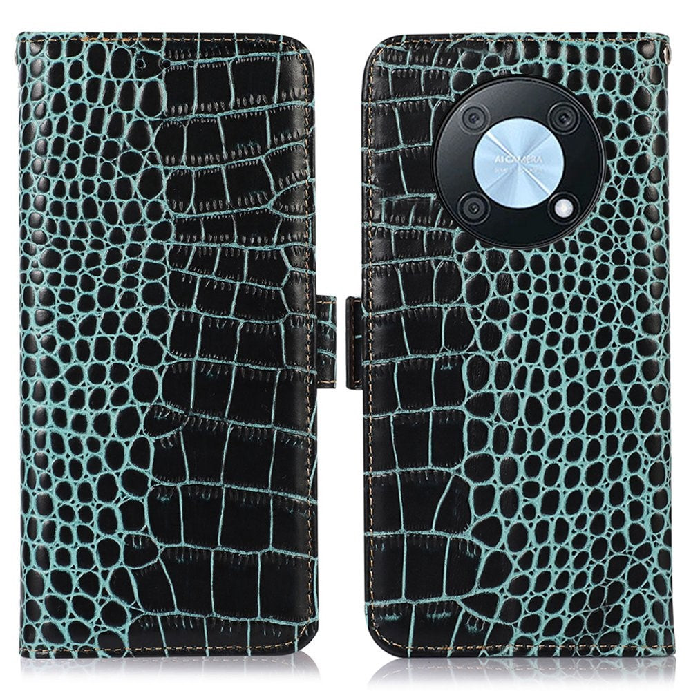 For Huawei nova Y90 4G / Enjoy 50 Pro 4G Genuine Cowhide Leather Flip Cover Crocodile Texture RFID Blocking Protection Stand Wallet Phone Case