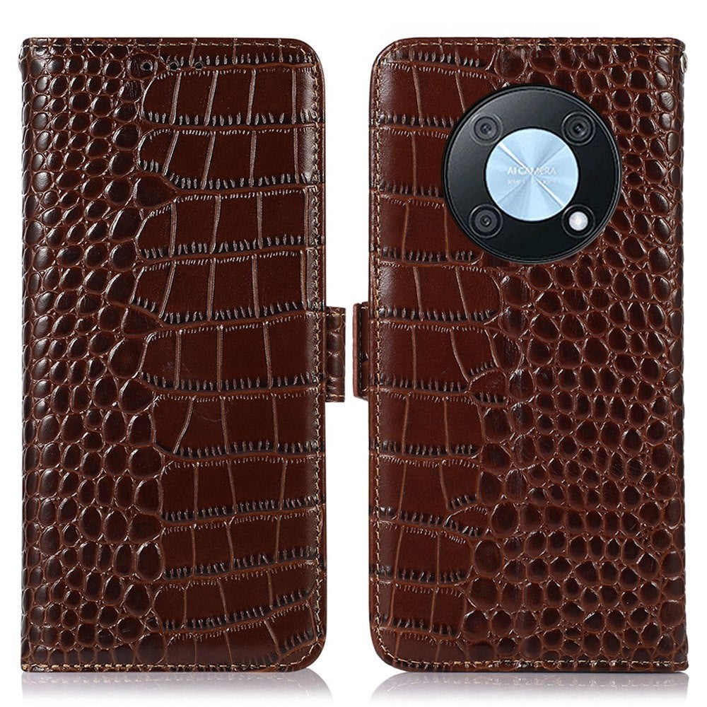 For Huawei nova Y90 4G / Enjoy 50 Pro 4G Genuine Cowhide Leather Flip Cover Crocodile Texture RFID Blocking Protection Stand Wallet Phone Case
