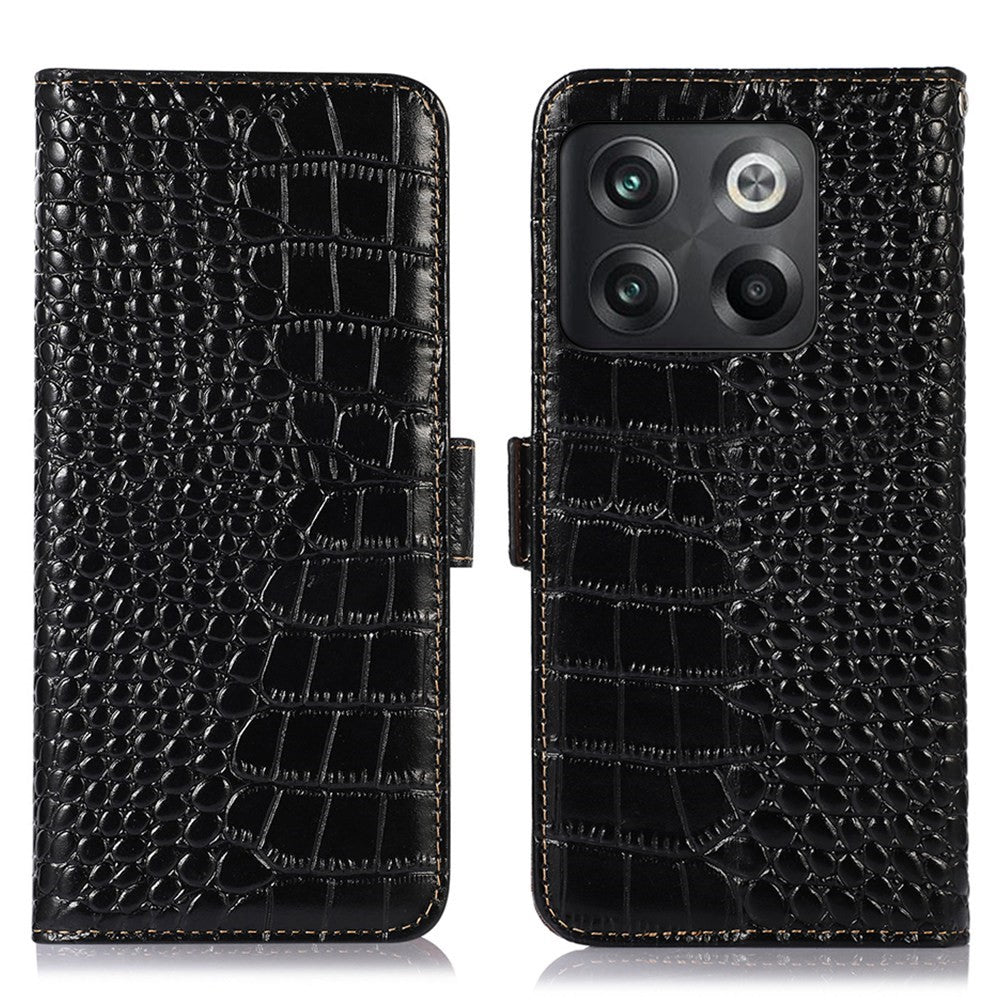 Til OnePlus 10T 5G / Ace Pro 5G Anti-fald Krokodille Tekstur Etui RFID Blokerende Ægte Koskind Læder Godt Beskyttet Pung Telefon Cover