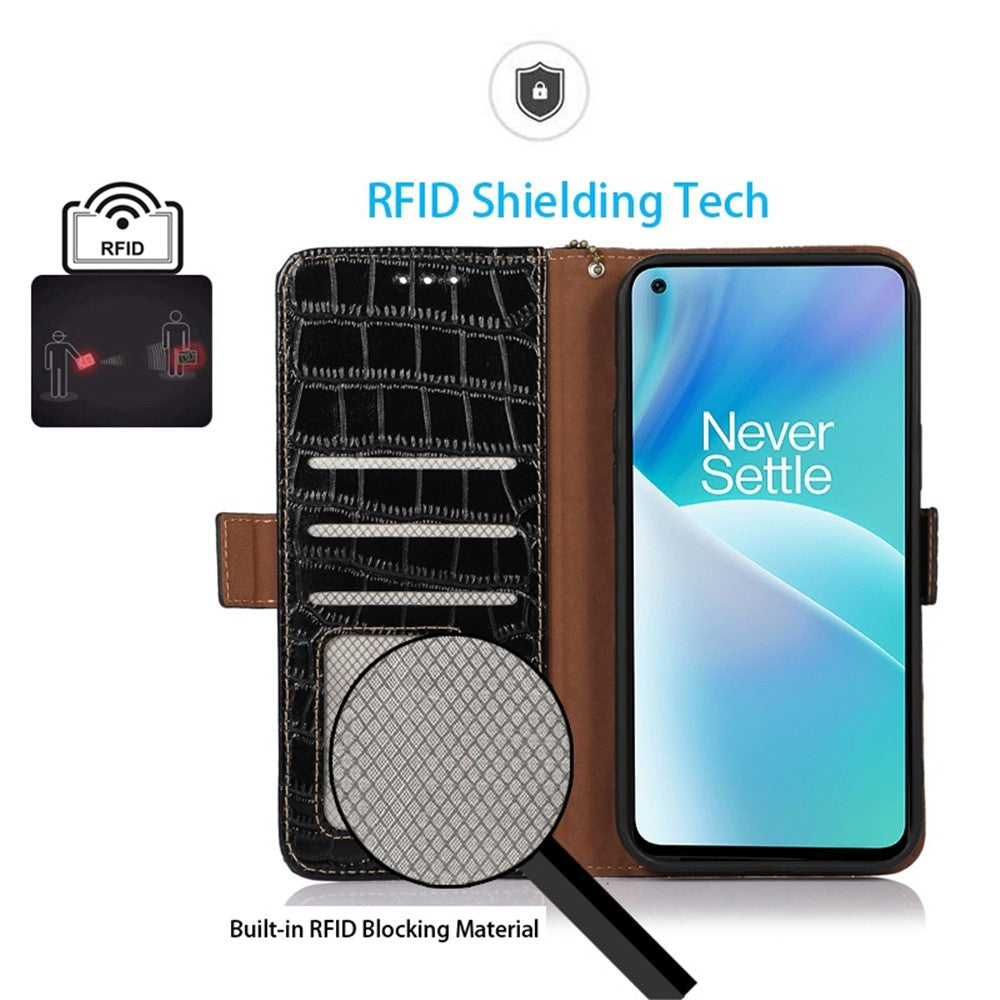 Til OnePlus 10T 5G / Ace Pro 5G Anti-fald Krokodille Tekstur Etui RFID Blokerende Ægte Koskind Læder Godt Beskyttet Pung Telefon Cover