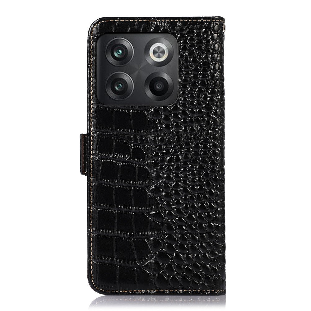 Til OnePlus 10T 5G / Ace Pro 5G Anti-fald Krokodille Tekstur Etui RFID Blokerende Ægte Koskind Læder Godt Beskyttet Pung Telefon Cover