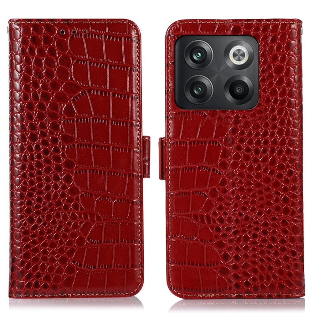 Til OnePlus 10T 5G / Ace Pro 5G Anti-fald Krokodille Tekstur Etui RFID Blokerende Ægte Koskind Læder Godt Beskyttet Pung Telefon Cover