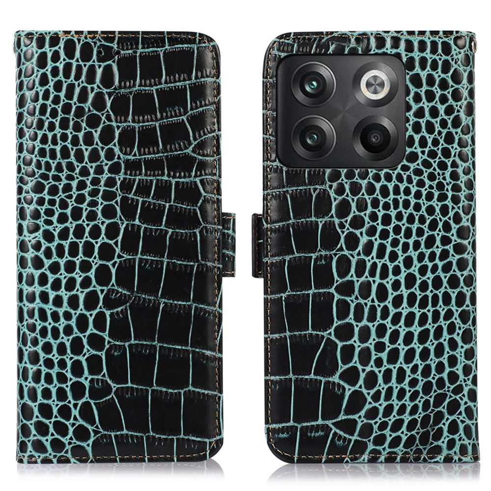 Til OnePlus 10T 5G / Ace Pro 5G Anti-fald Krokodille Tekstur Etui RFID Blokerende Ægte Koskind Læder Godt Beskyttet Pung Telefon Cover