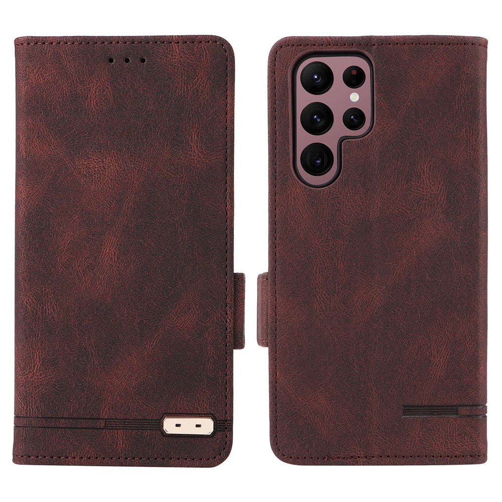 For Samsung Galaxy S22 Ultra 5G Hardware Decor Drop-proof Phone Case PU Leather+TPU Anti-wear Wallet Stand Shell
