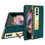 Fallsäkert bakskal för Samsung Galaxy Z Fold3 5G, galvaniserat korsstrukturerat mobilskal med stöd och härdat glasfilm