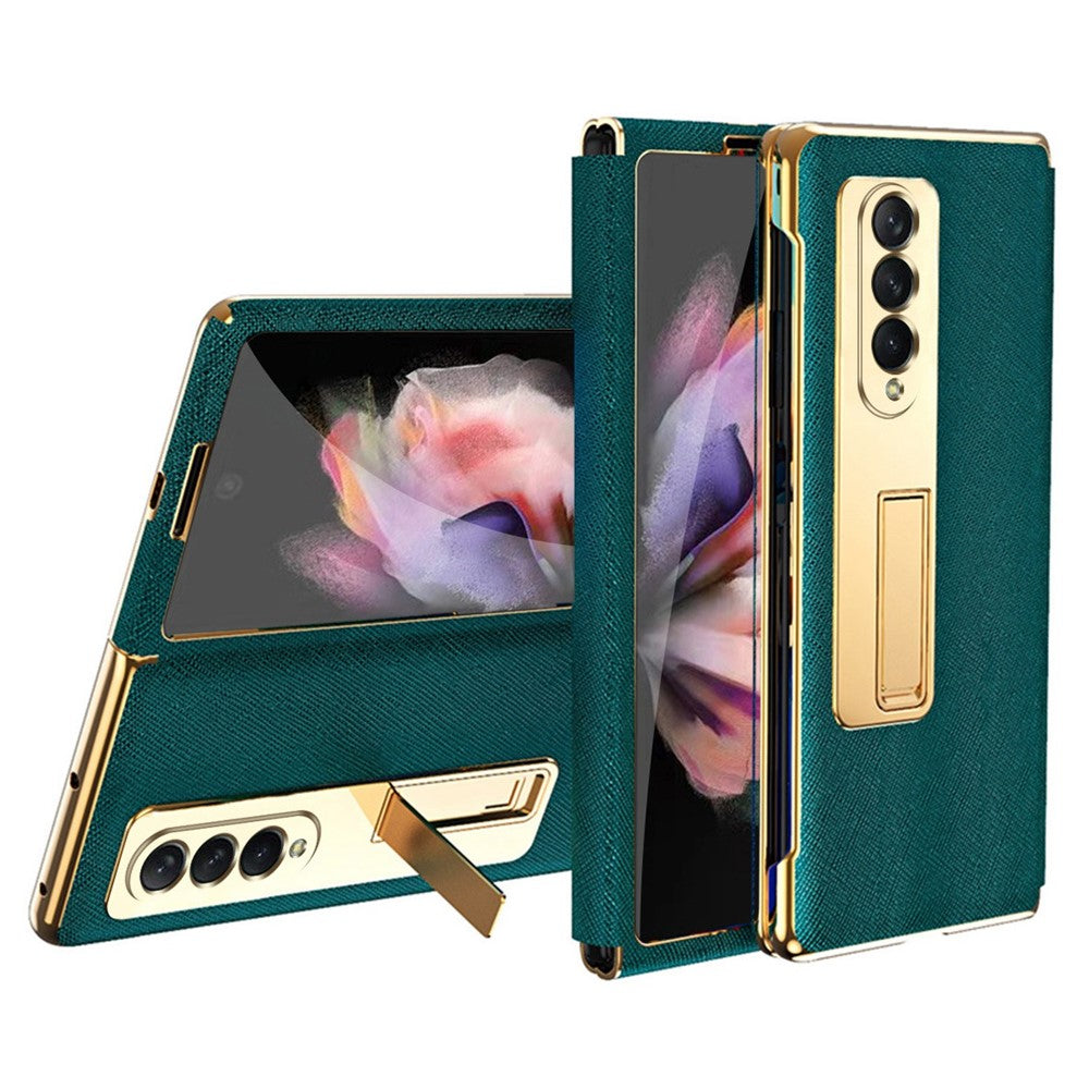 Fallsäkert bakskal för Samsung Galaxy Z Fold3 5G, galvaniserat korsstrukturerat mobilskal med stöd och härdat glasfilm