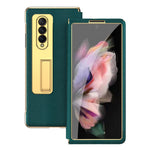 Fallsäkert bakskal för Samsung Galaxy Z Fold3 5G, galvaniserat korsstrukturerat mobilskal med stöd och härdat glasfilm