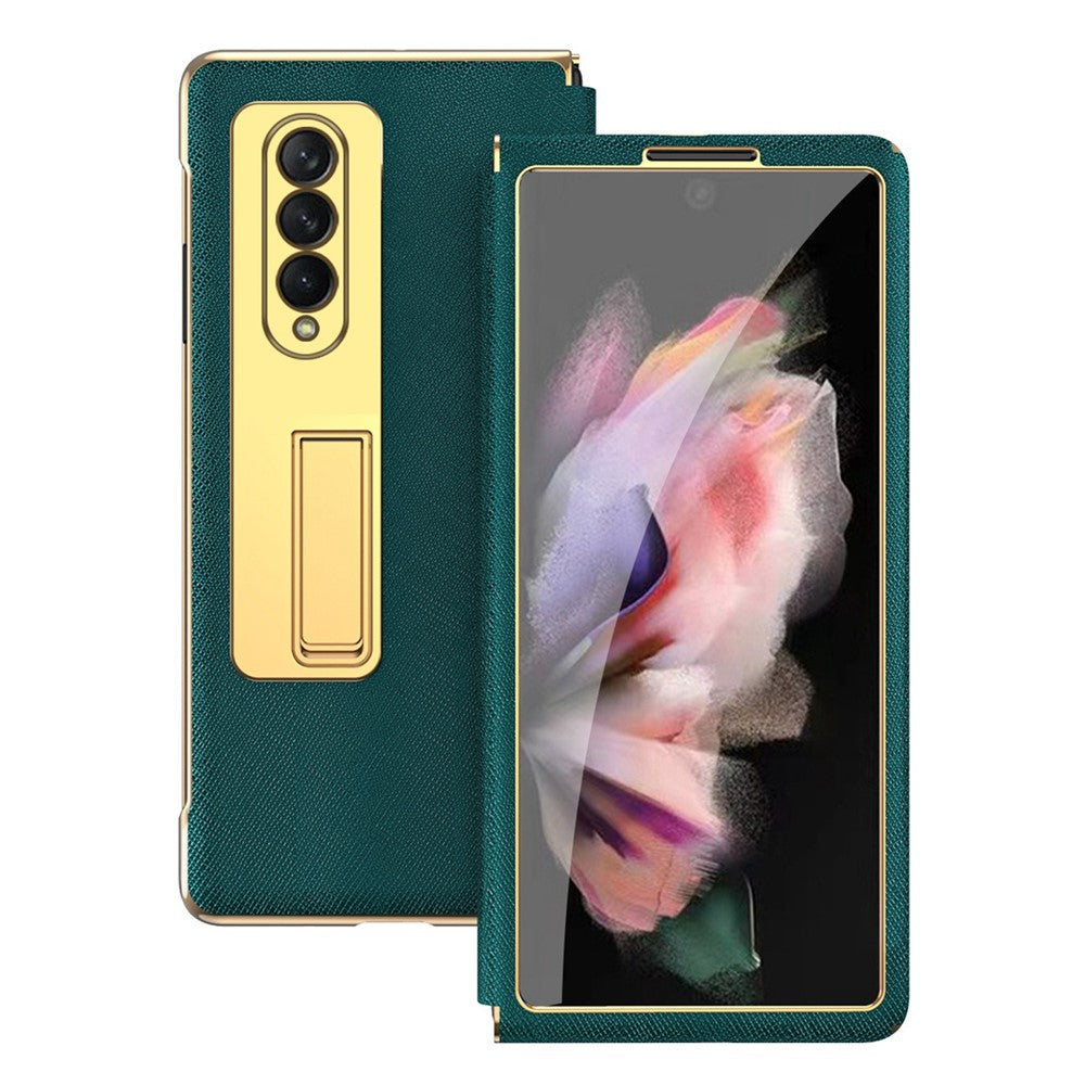 Fallsäkert bakskal för Samsung Galaxy Z Fold3 5G, galvaniserat korsstrukturerat mobilskal med stöd och härdat glasfilm